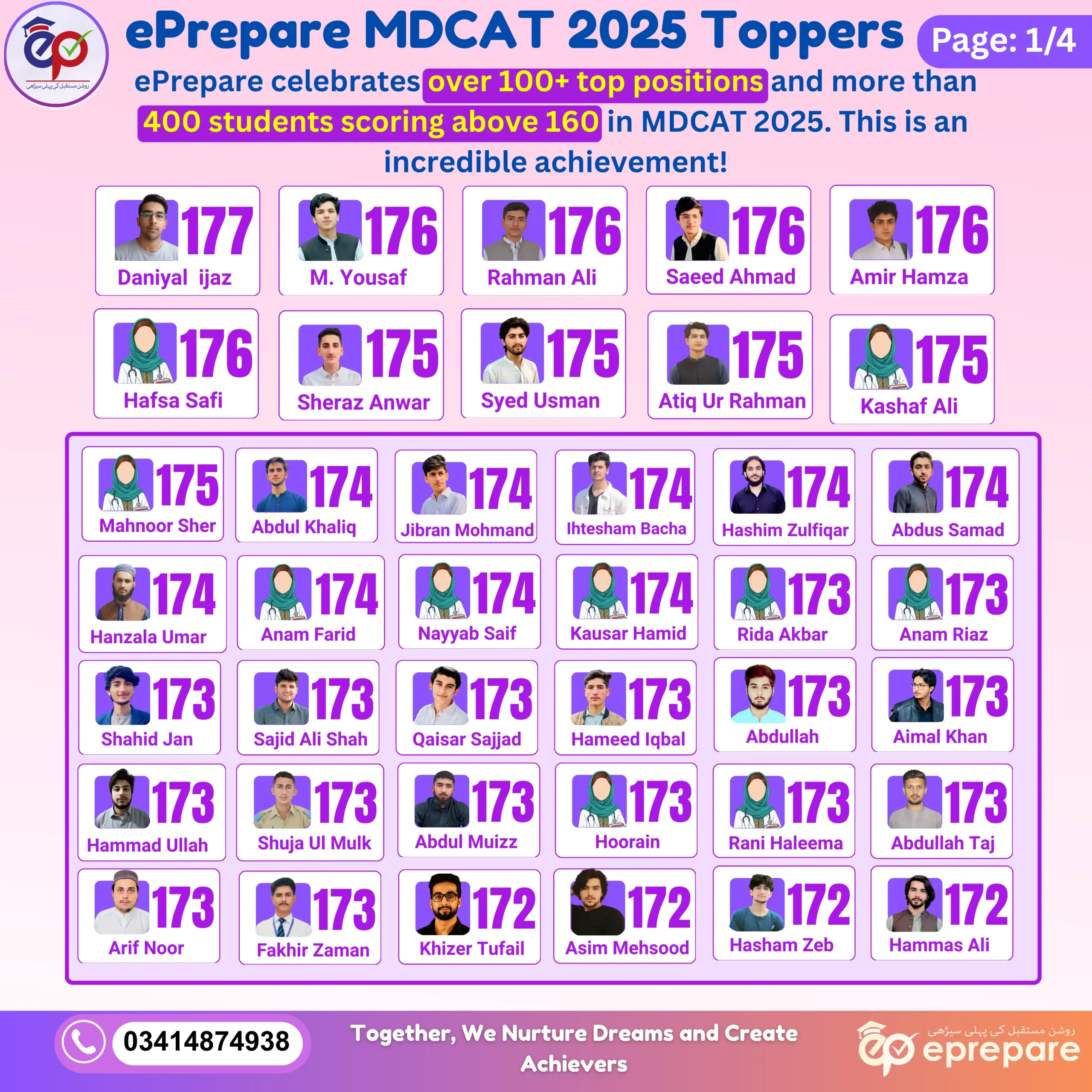 ePrepare MDCAT 2025 results page 1